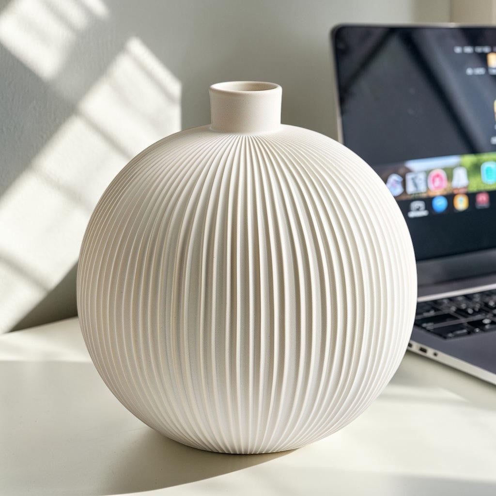 TVIVA Modern Matte Ceramic Vase - Round Spherical Ribbed Style